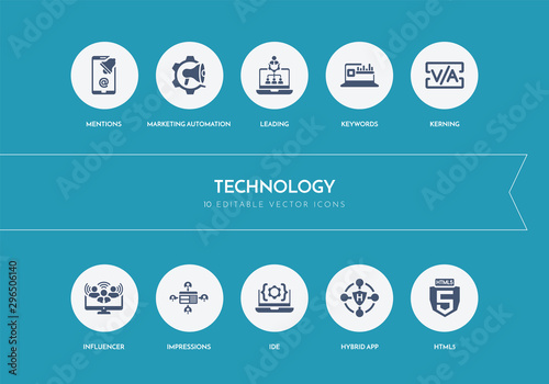 10 technology concept blue icons