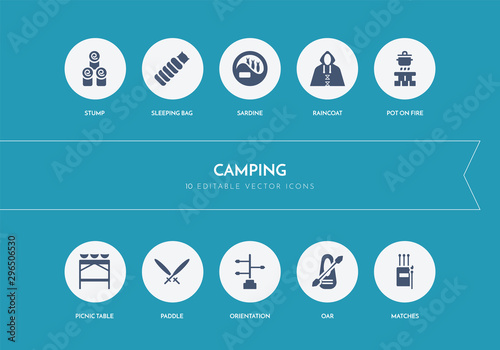 10 camping concept blue icons