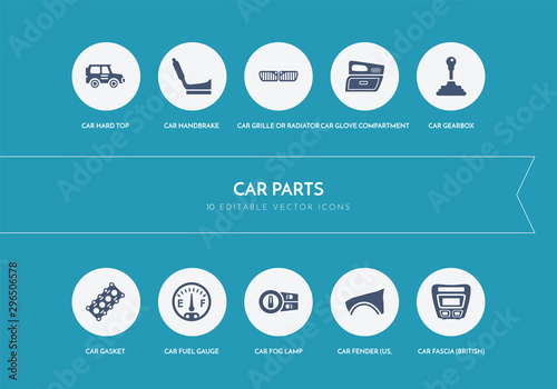 10 car parts concept blue icons