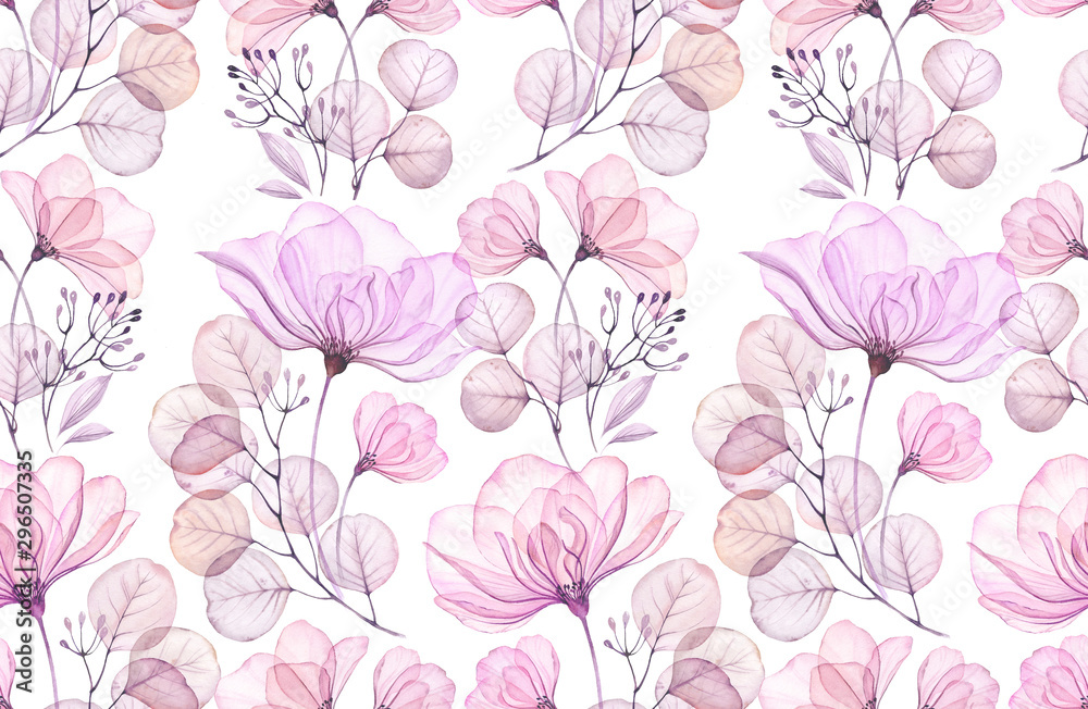 Transparent rose watercolor seamless pattern. Hand drawn floral vintage illustration for wedding design, surface, textile, wallpaper