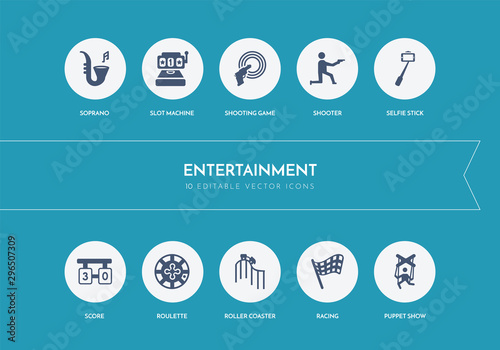 10 entertainment concept blue icons