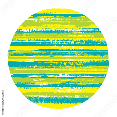 Abrupt circle vector geometric shape with striped texture of paint horizontal lines. Disk banner with old paint texture. Badge round shape logotype circle with grunge background of stripes.