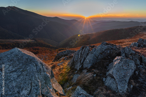 Charming autumn on mountain ranges in Ukrainian Carpathians with beautiful hiking landscapes