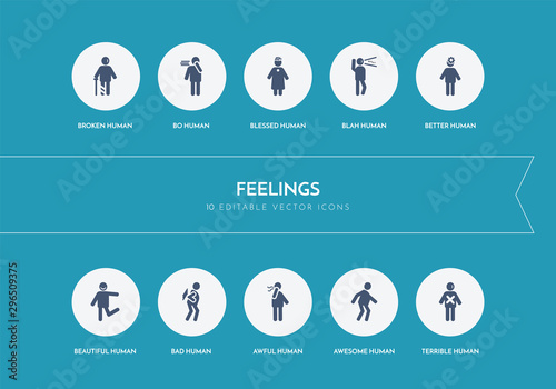 10 feelings concept blue icons