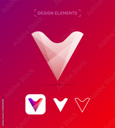 Vector abstract, crystal letter V logo template collection. Modern material design, 3d, flat and line art style