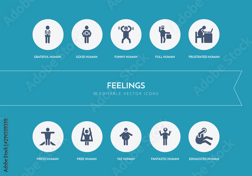 10 feelings concept blue icons