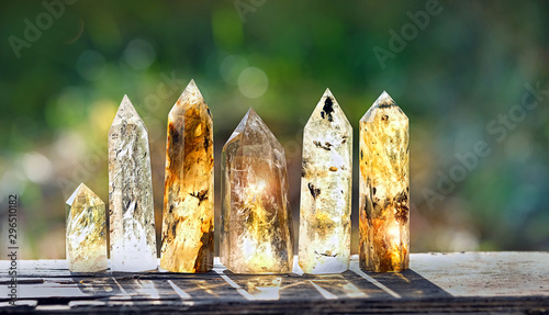 quartz crystal minerals on natural background. gemstones for relaxation, healing Crystal Ritual, Witchcraft. wiccan, modern magic, Esoteric life balance concept photo