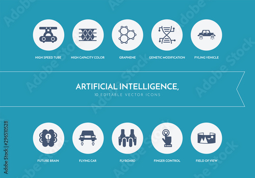 10 artificial intelligence, concept blue icons