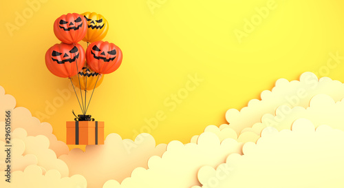 Happy Halloween decoration background with pumpkin balloon, gift box and clouds on orange background, template, banner, 3D rendering illustration.