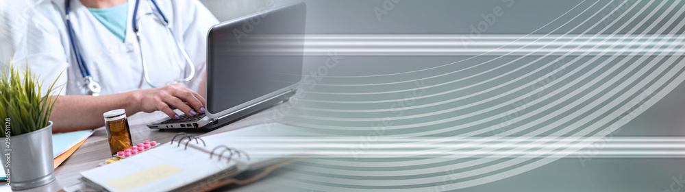 Fototapeta premium Female doctor using laptop; panoramic banner