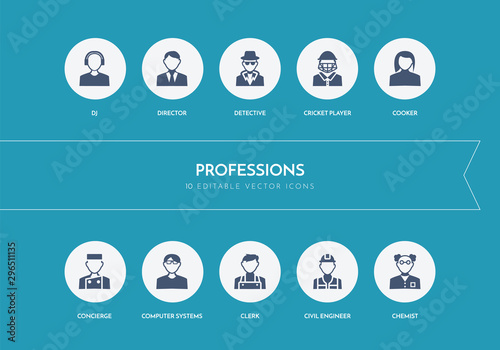 10 professions concept blue icons