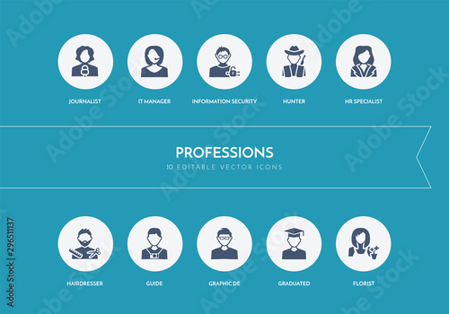10 professions concept blue icons