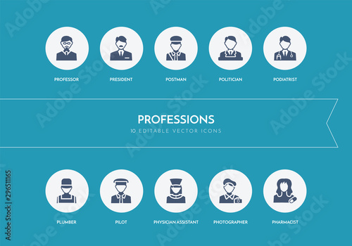 10 professions concept blue icons