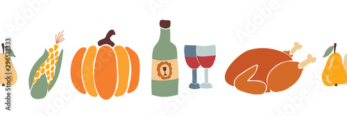 Thanksgiving dinner food seamless vector border. Autumn roast turkey corn wine pumpkin family dinner greeting card pattern design. Harvest festival. Fall party invitation banner. Happy Thanksgiving