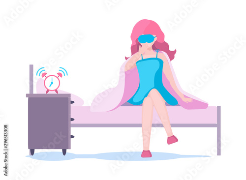 Young woman character waking up morning and stretch in his bedroom  is going to work. Good morning. Alarm clock is ringing. Start of good day  human activity cartoon vector illustration