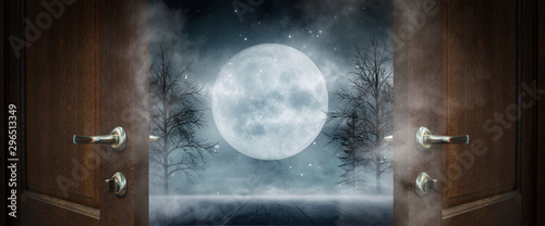 Open wooden doors. In the background the night landscape of the winter forest, the moon, light. Cold weather, smog, frost, fog.