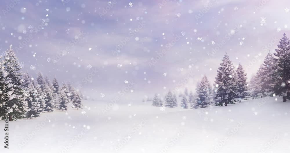 White spacious landscape with snow covered plain and forest at snowfall, winter seasonal background 4K animation