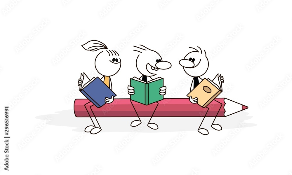 Doodle stick figure: Little people with books sitting on pencil. Hand drawn cartoon vector illustration for business and school design. Doodle stick figure: Little people with books sitting on pencil. Hand drawn cartoon vector illustration for business and school design.