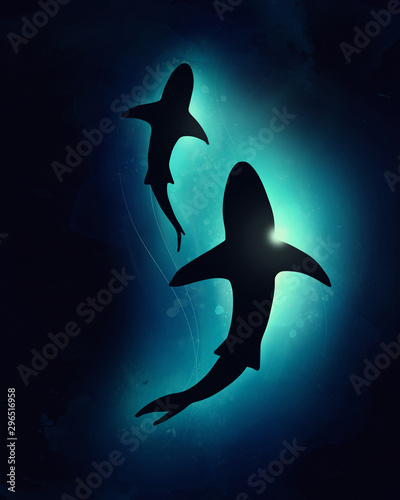 drawing of two sharks on a background of blue light