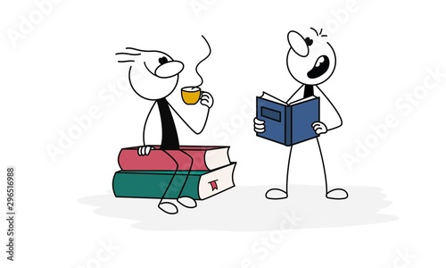 Doodle stick figure: Man with cup siting on stack of books, boy reading book. Hand drawn cartoon vector illustration for business and school design.
