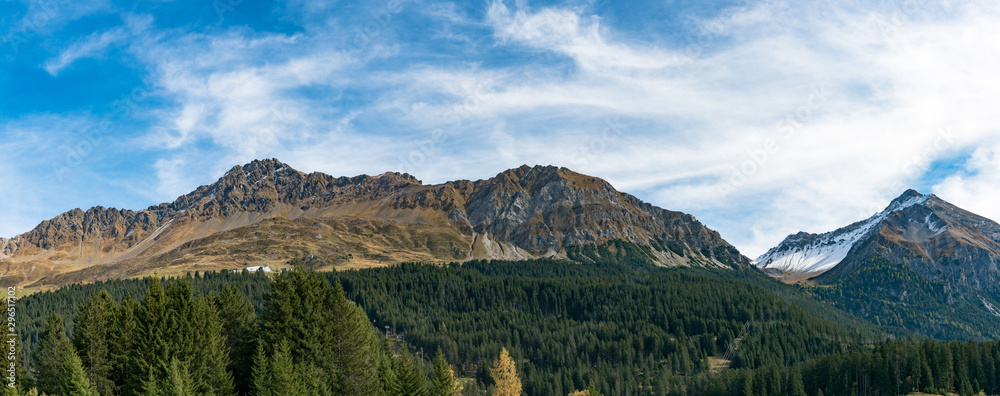 mountain landscape panorama with green pine forest and snowy peaks in autumn