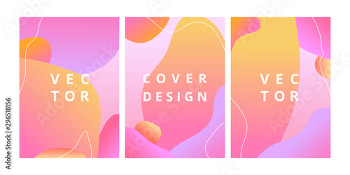 Set of minimal cover templates with fluid shapes in gradient pink colors. Abstract geometric backgrounds with liquid vibrant gradient shapes. Trendy futuristic design. Vector illustration