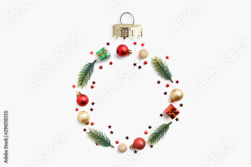 Christmas Round Frame from Branches and Christmas Balls.