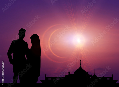 Canvas Print Silhouette wedding Muslim with atmosphere sun Shine.