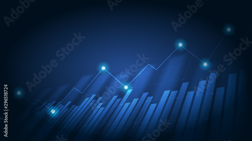 Abstract financial graph with uptrend line and bar chart of stock market on green color background