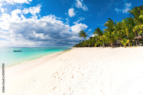 Fototapeta Naklejka Na Ścianę i Meble -  Beautiful view of the tropical island on Mauritius. Ocean, sand, palms and sky