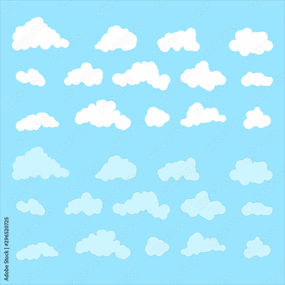 Set of vector white clouds of various shapes and transparency in the blue sky. Simple flat isolated elements. Set of vector white clouds of various shapes and transparency in the blue sky. Simple flat isolated elements.