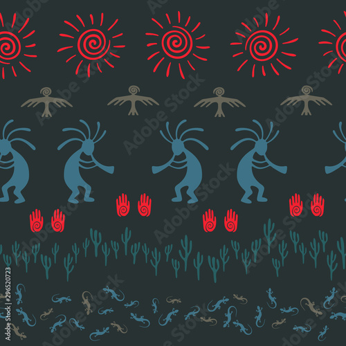 Traditional, design with trickster god, swirl icons on human palm, sun, eagle.