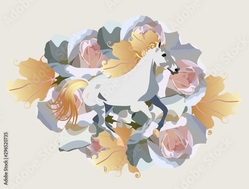 Running White Horse with mane in shape of golden autumn leaves against huge rose flowers. Print for T shirt, greeting or invitation card, poster.