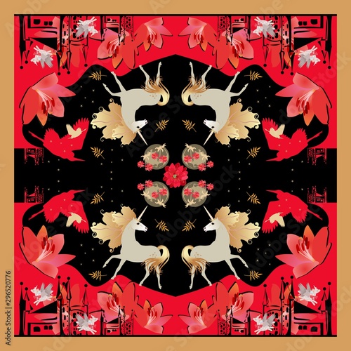 Fantasy bandana print with unicorns, castles, birds and flowers, night sky with stars and planets. Magic pattern in red , golden and black colors.
