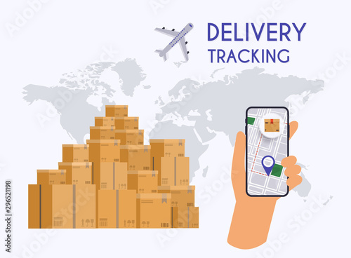 Hand holding mobile smart phone with app delivery tracking. Vector modern flat creative info graphics design on  application.