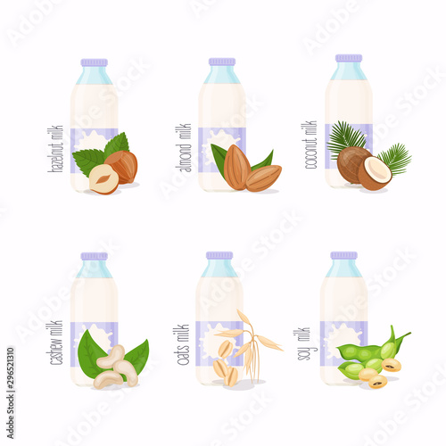 Different variation of plant based milk. Nuts set: hazelnut, coconut, almond, soy bean, oat, cashew.
