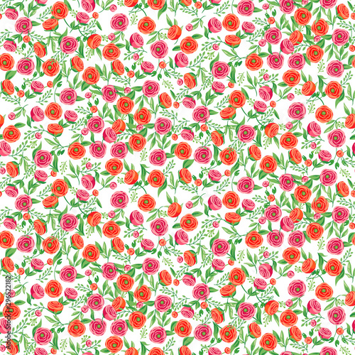 Red pink flower dense seamless pattern wallpaper. Peonies and roses vector background.