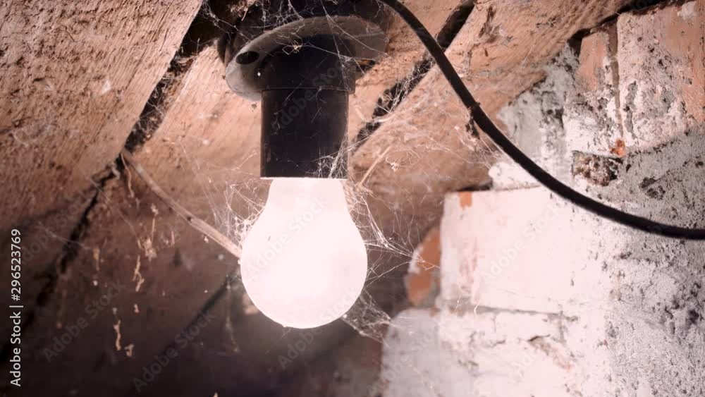Flashing lightbulb in the web in the old basement of the house.