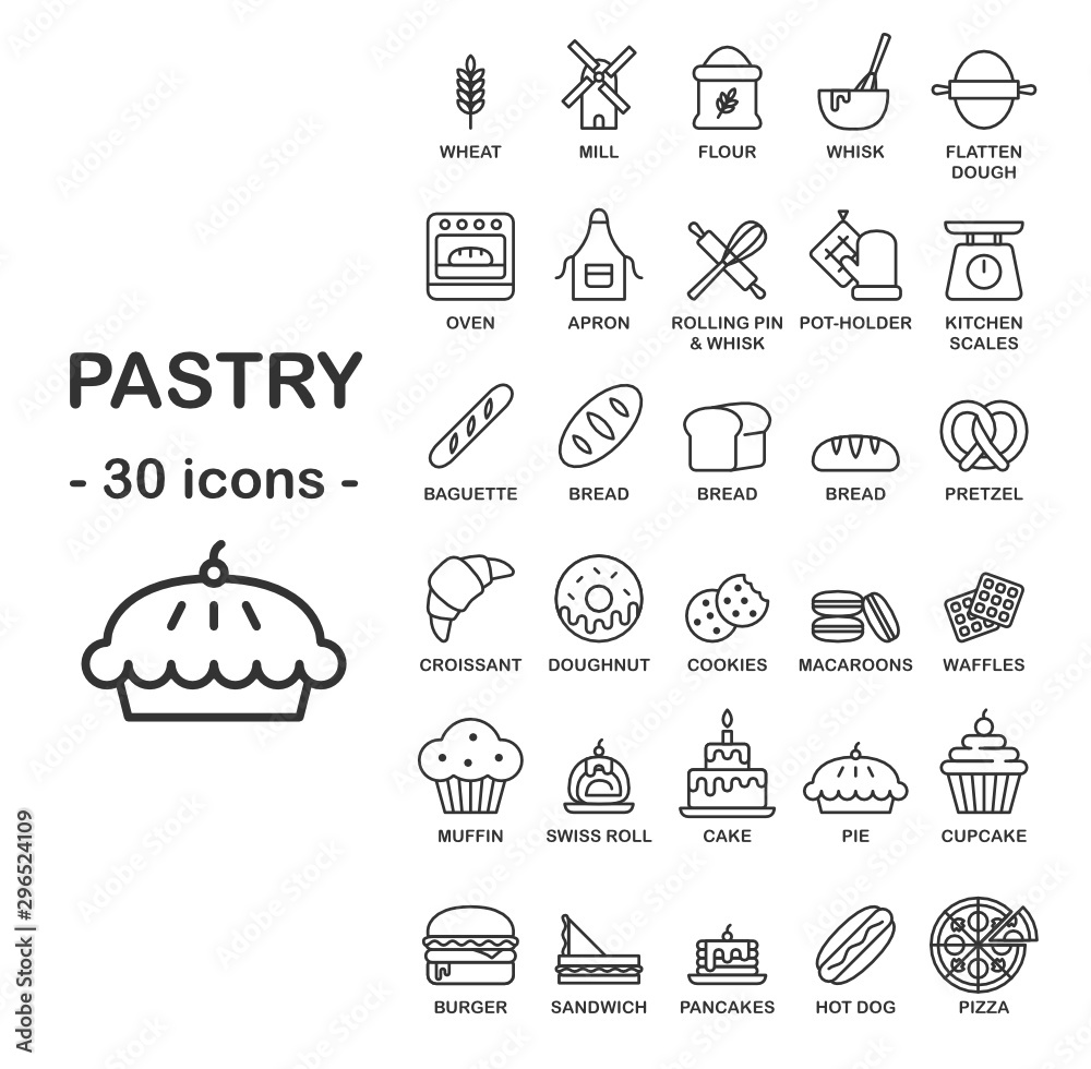 Pastry and Bakery Set - 30 Simple Linear Icons
