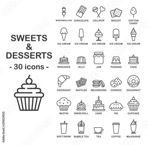 Sweets and Desserts Set - 30 Vector Icons 