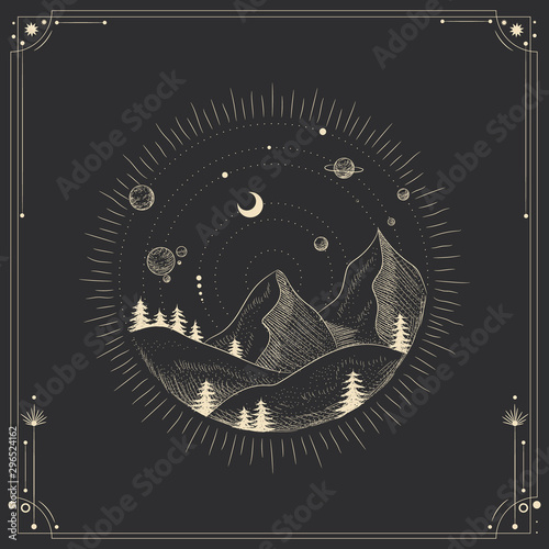 Vector illustration set of moon phases. Different stages of moonlight activity in vintage engraving style. Zodiac Signs