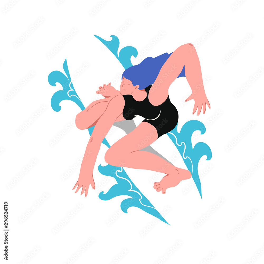 Girl surfer. Vector illustration. Trendy flat exaggerated style isolated object people. Blue hair and black bath suit.