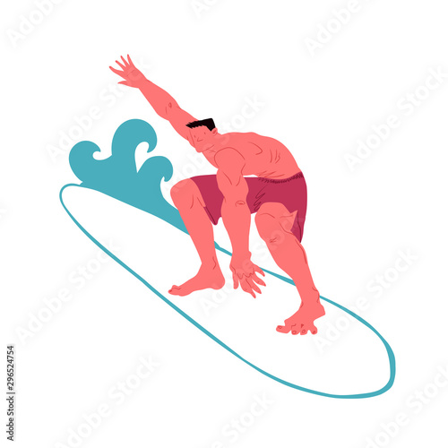 Guy surfer. Vector illustration. Trendy flat exaggerated style isolated object people. Cool man on surf board slides on waves.