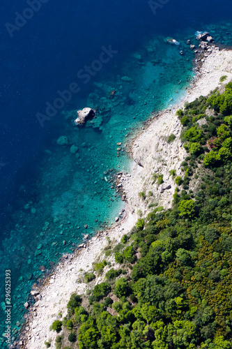 Wooded shore, stones and sea from above. landscape below (aerial photo from a paraglider) with the coast and the blue sea, Montenegro