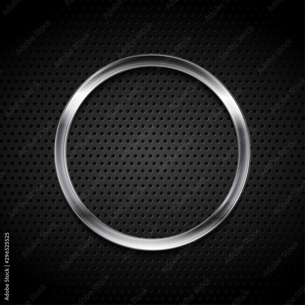 Silver metallic ring on black perforated background. Vector technology futuristic design