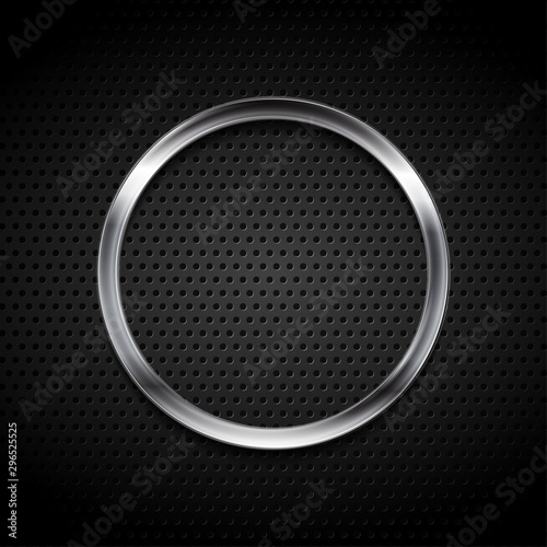 Silver metallic ring on black perforated background. Vector technology futuristic design