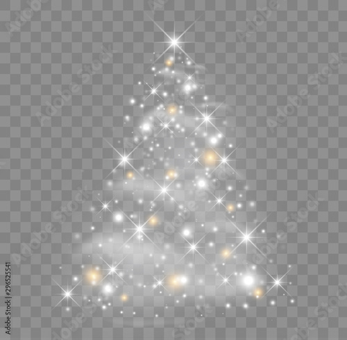 Shiny Christmas tree vector illustration with glowing particles and stars.