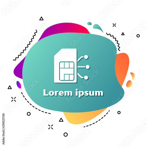 White Sim card icon isolated on white background. Mobile cellular phone sim card chip. Mobile telecommunications technology symbol. Abstract banner with liquid shapes. Vector Illustration