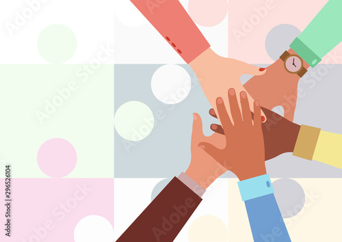 Hands of diverse group of people putting together on a puzzle background. Concept of cooperation, unity, togetherness, partnership, agreement, teamwork. Flat style. Vector illustration.
