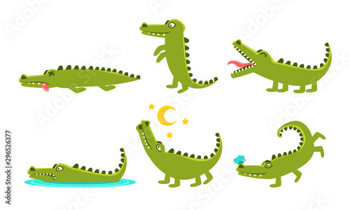 Crocodile Cartoon Character In Different Poses Set  Cute Amphibian Animal with Different Emotions Vector Illustration